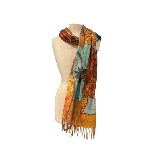 Van Gogh Sunflowers Print Shawl Wrap Scarf With Fringe Edges Lightweight & Versa - Picture 1 of 8